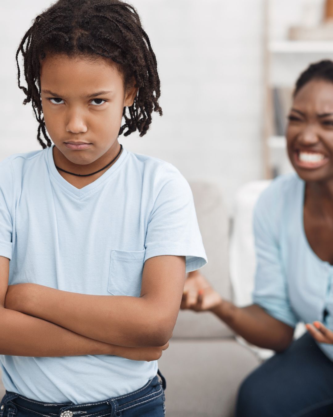 Angry kid and frustrated mom
